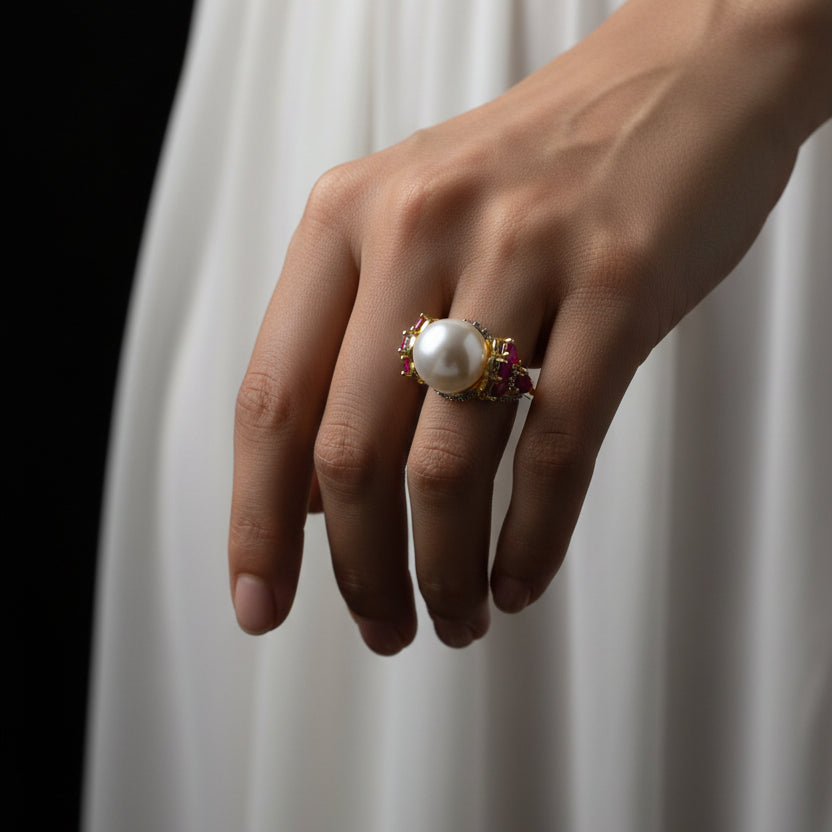 Gold ring with a pearl and red gemstones on a dark background, featuring the brand 'Saheli'.