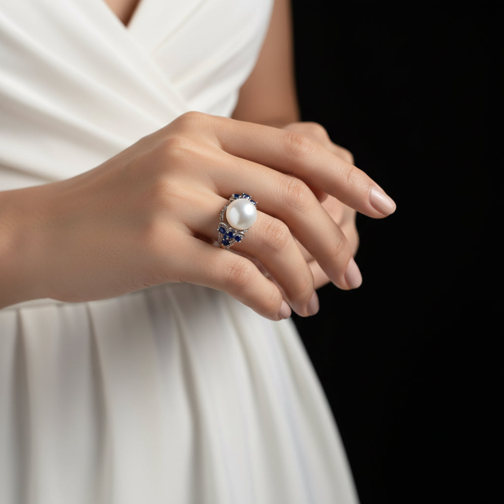Silver ring with a pearl and small stones on a gray background, featuring the brand 'Saheili'.