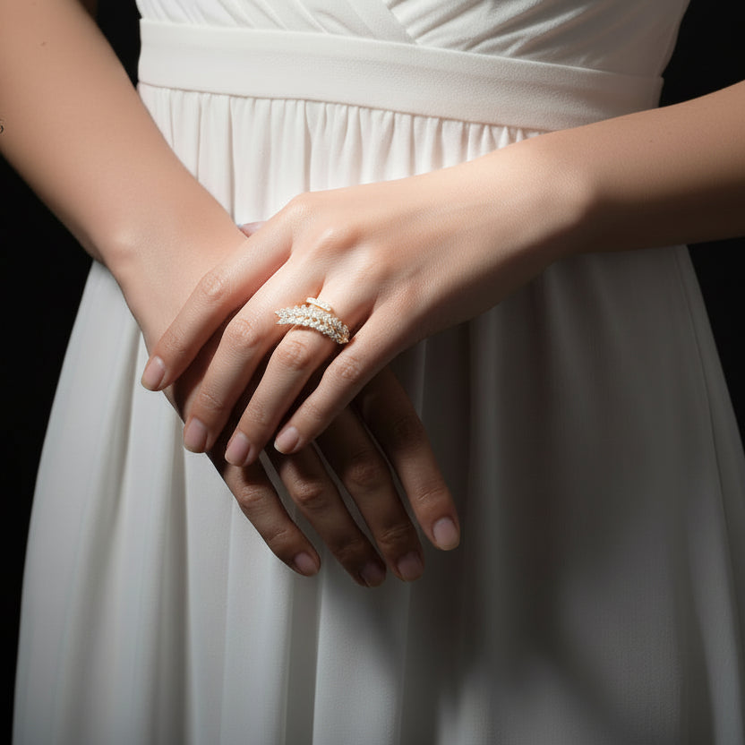 Gold and diamond ring on a black gloved hand with 'SAHELI' branding.