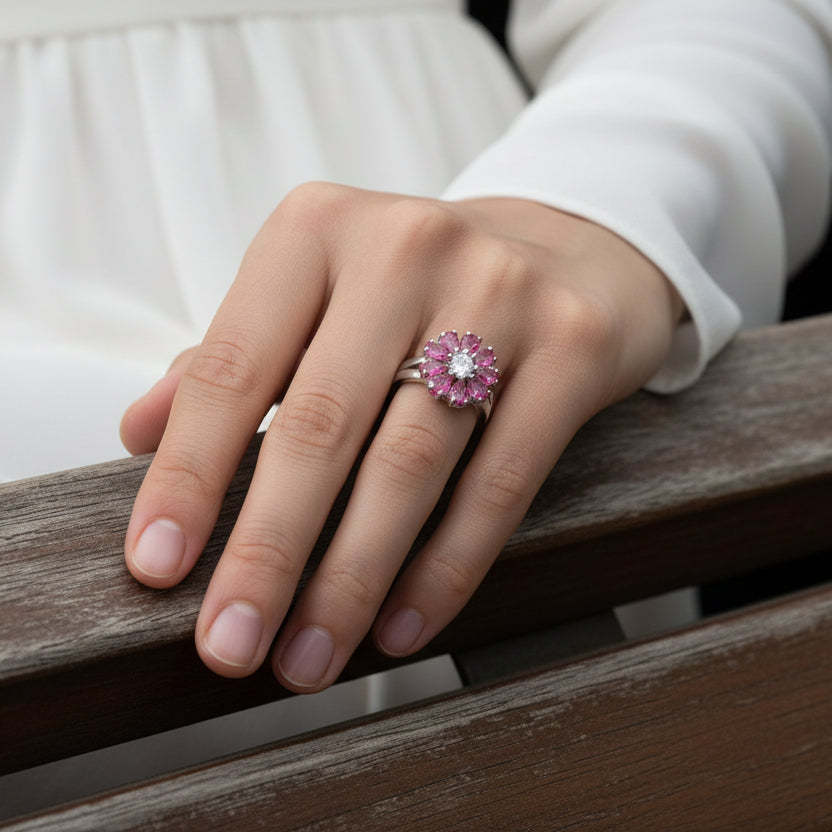 Ring with pink gemstones on a black mannequin hand against a dark background