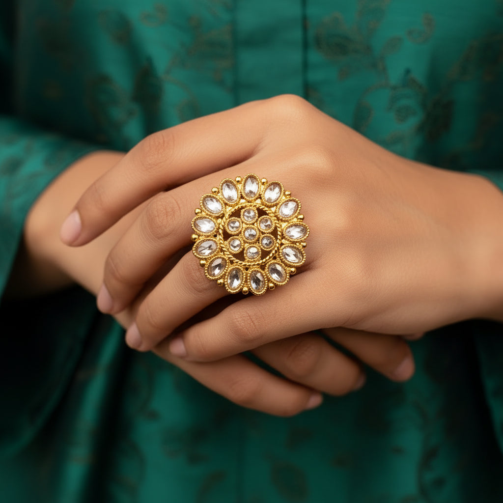 A large gold-toned statement ring with multiple clear stones, displayed on a black gloved hand against a black background. The brand logo 'SAHELI MY BEST FRIEND' is visible above the hand.