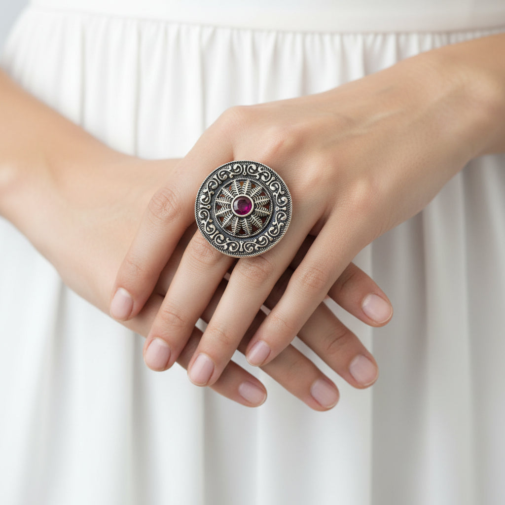 Decorative ring with intricate design on a black surface