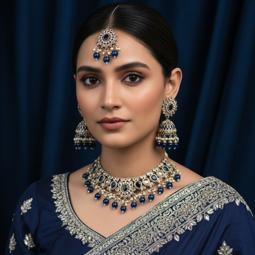 Jewelry set with necklace and earrings on a black background, featuring the brand 'Saheli'.