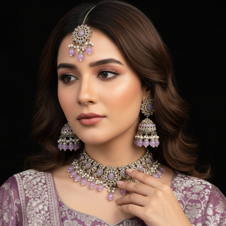 Jewelry set with necklace, earrings, and a hairpin on a black background with 'Saheli' branding.