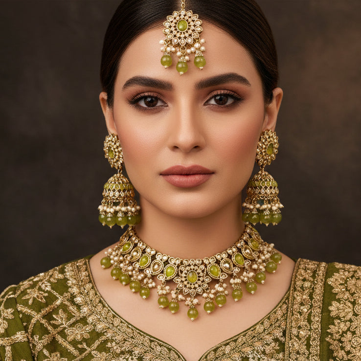 Jewelry set with necklace, earrings, and choker on a black background with 'Saheli' branding.