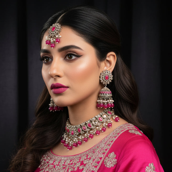 Jewelry set with pink and silver necklace and earrings on a black background, featuring the brand 'Saheli'.