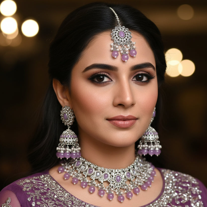 Jewelry set with necklace and earrings on a black background, featuring the brand 'Saheli'.