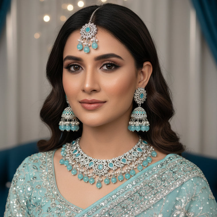 Jewelry set with necklace, earrings, and pendant on a black background with 'SAHeli' branding.
