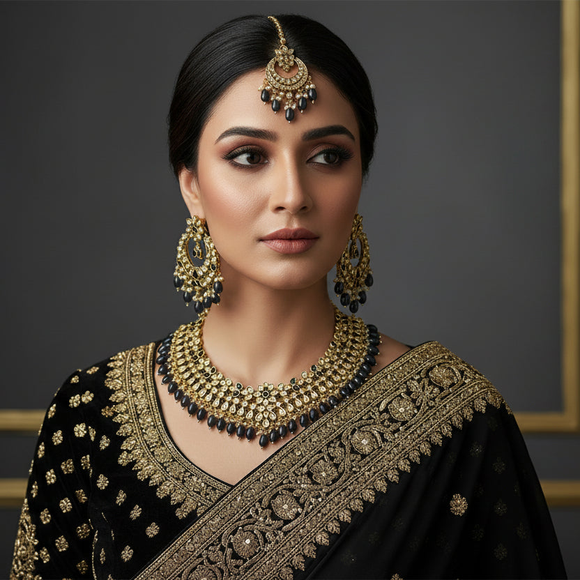 Gold and black jewelry set with 'Saheeli' brand logo on a dark background