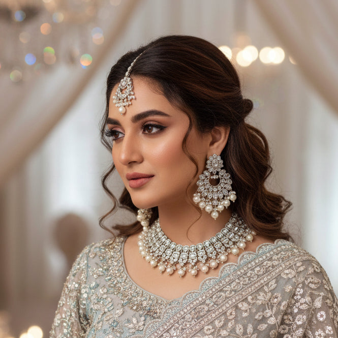 Silver jewelry set with necklace, earrings, and bangles on a dark background