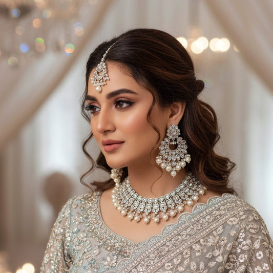 Silver jewelry set with necklace, earrings, and bangles on a dark background