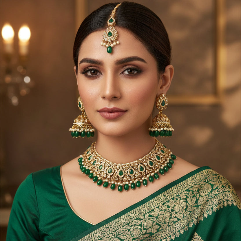 Gold and green jewelry set on a gray mannequin with 'SJNX-CODE-370' text.