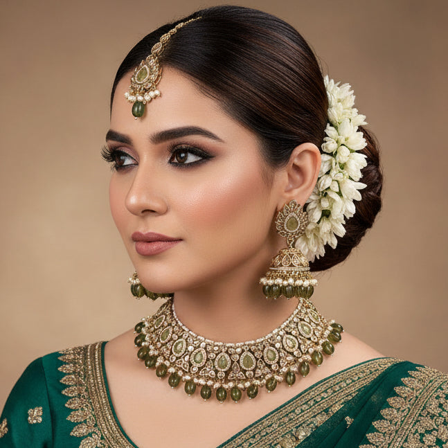 Mehendi Polish choker set with matching earrings on a gray stand with pink flowers in the background.