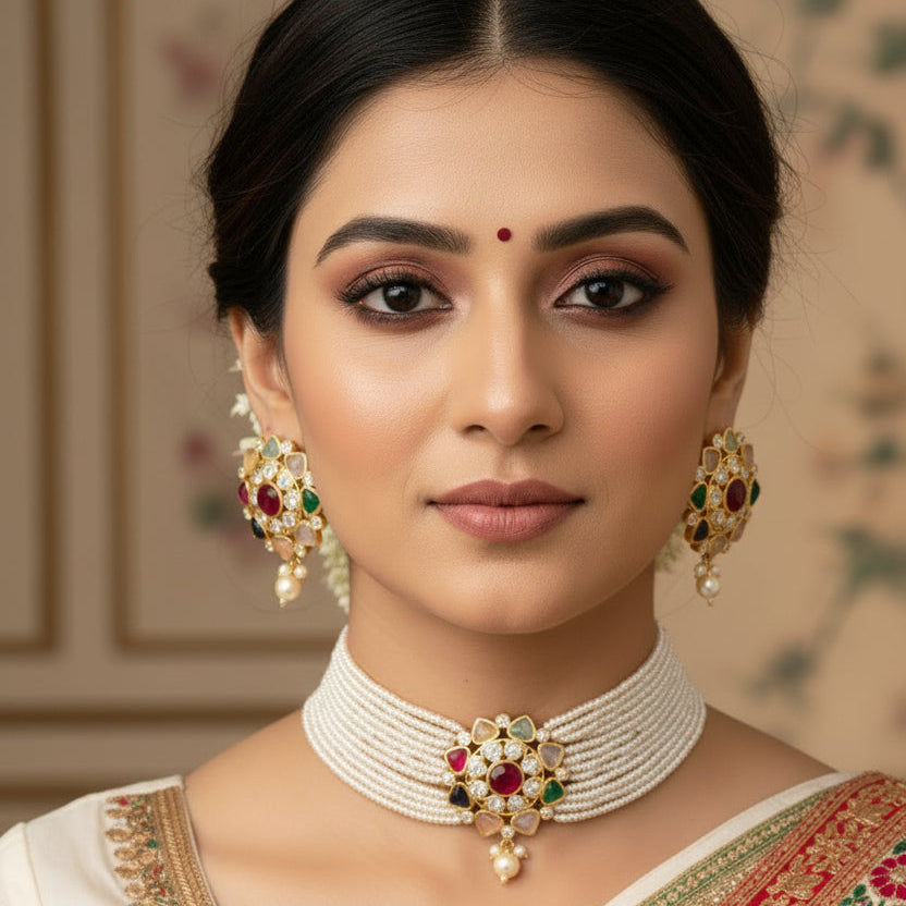 Jewelry set with necklace and earrings on a gray background, featuring the brand 'Saheli'.