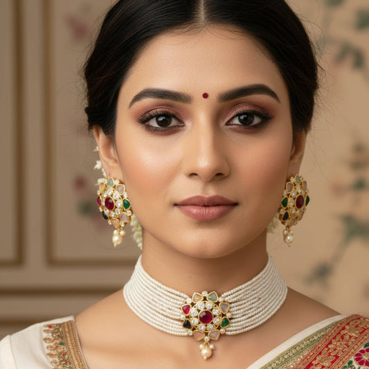 Jewelry set with necklace and earrings on a gray background, featuring the brand 'Saheli'.