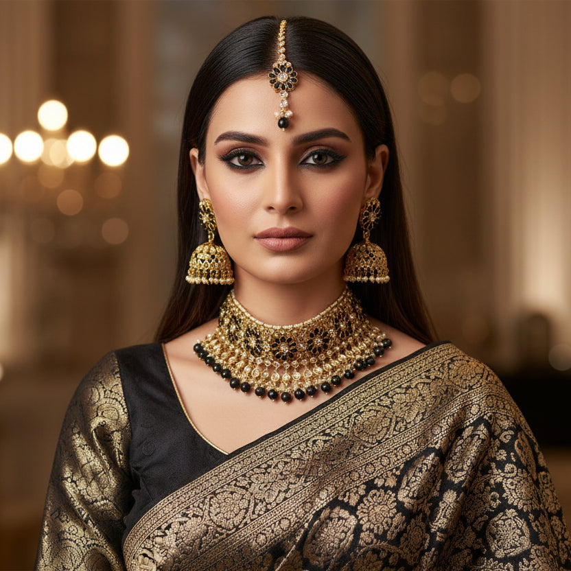 Ornate gold and black jewelry set on a dark background with 'SAHELI' branding.