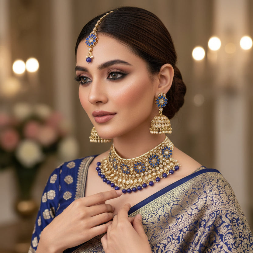 Ornate necklace with blue stones and gold accents on a dark background, featuring the brand 'Saheli'.
