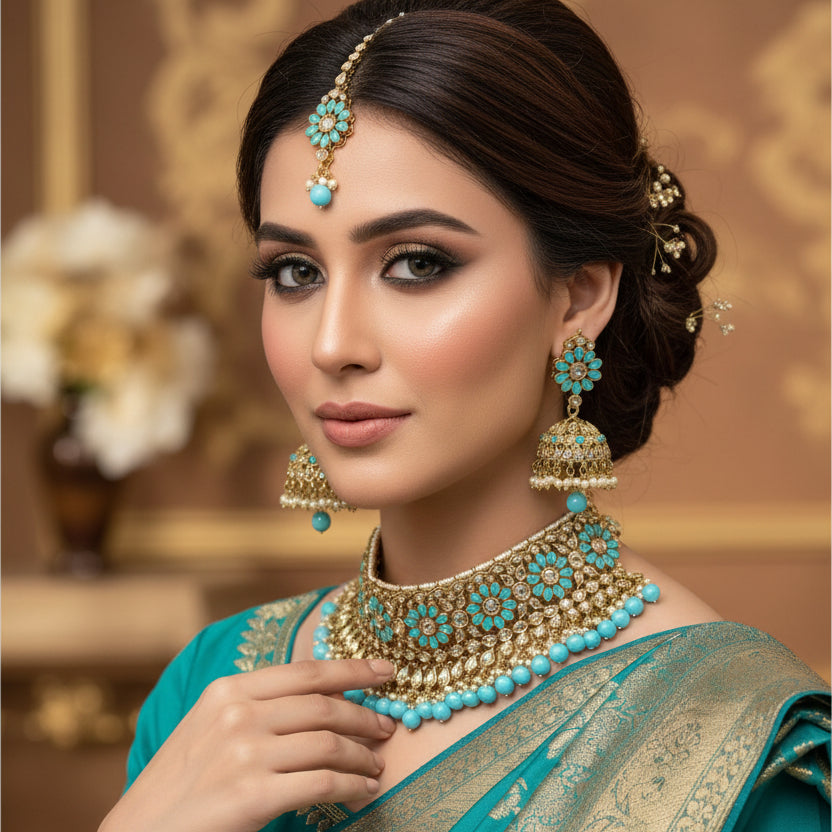 Ornate jewelry set with turquoise stones and gold accents on a dark background, featuring the brand 'SAHELI'.