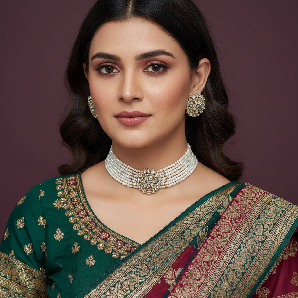 A traditional Indian jewelry set featuring a multi-strand silver-toned beaded necklace with a yellow cord and matching silver-toned circular earrings, displayed on a solid dark purple background.