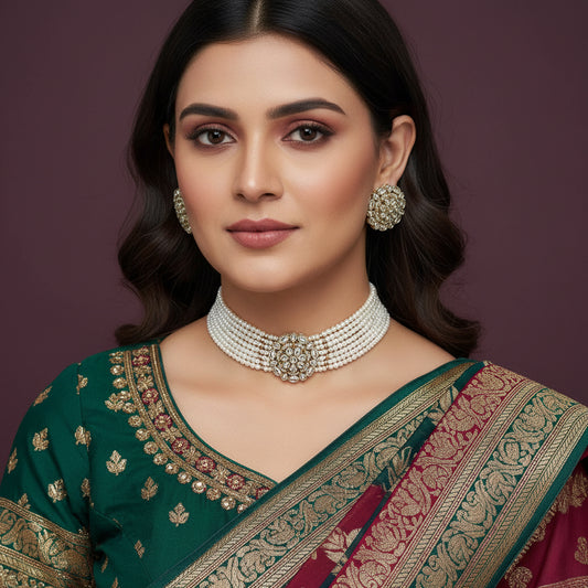 A traditional Indian jewelry set featuring a multi-strand silver-toned beaded necklace with a yellow cord and matching silver-toned circular earrings, displayed on a solid dark purple background.