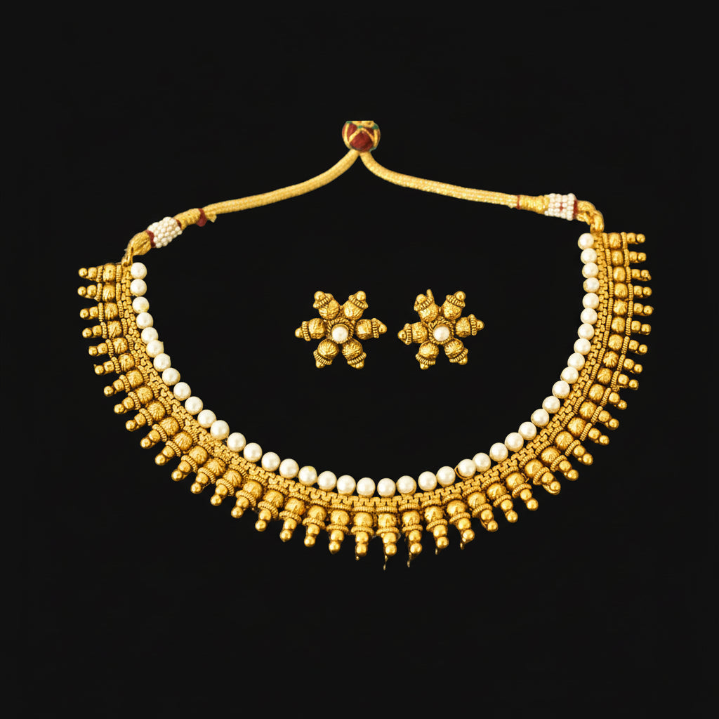 Gold necklace and earrings set with pearls on a gray background, featuring the brand 'Saheli'.