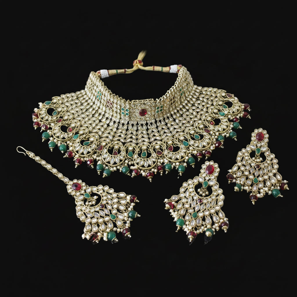 Ornate gold necklace set with green and red stones on a dark background, featuring the brand 'Saheli'.