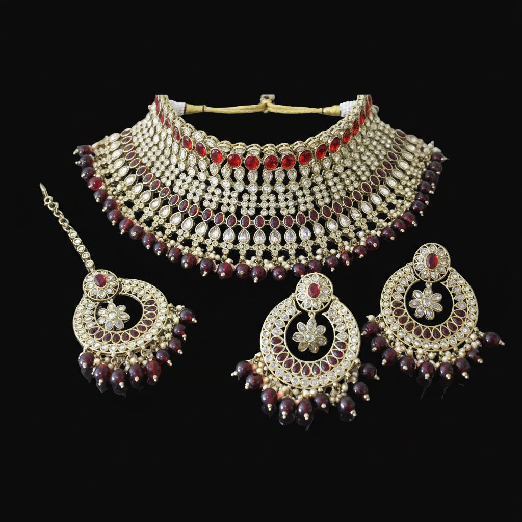 Jewelry set with necklace, earrings, and hair accessories on a dark background