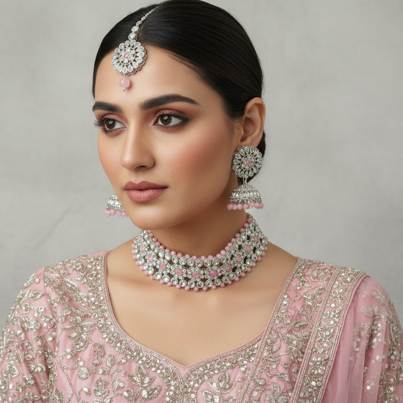 Jewelry set with pink and silver beads on a dark background