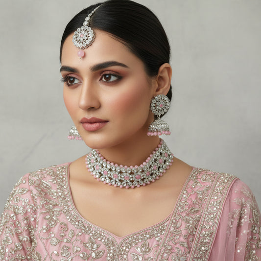 Jewelry set with pink and silver beads on a dark background