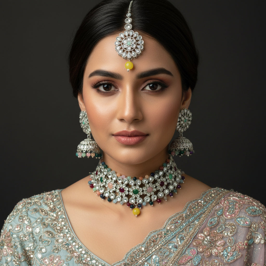 Jewelry set with necklace, earrings, and decorative item on a dark surface
