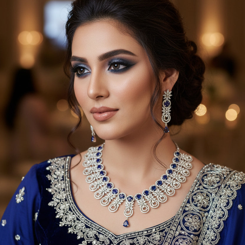 Jewelry set with necklace and earrings featuring blue stones on a dark background