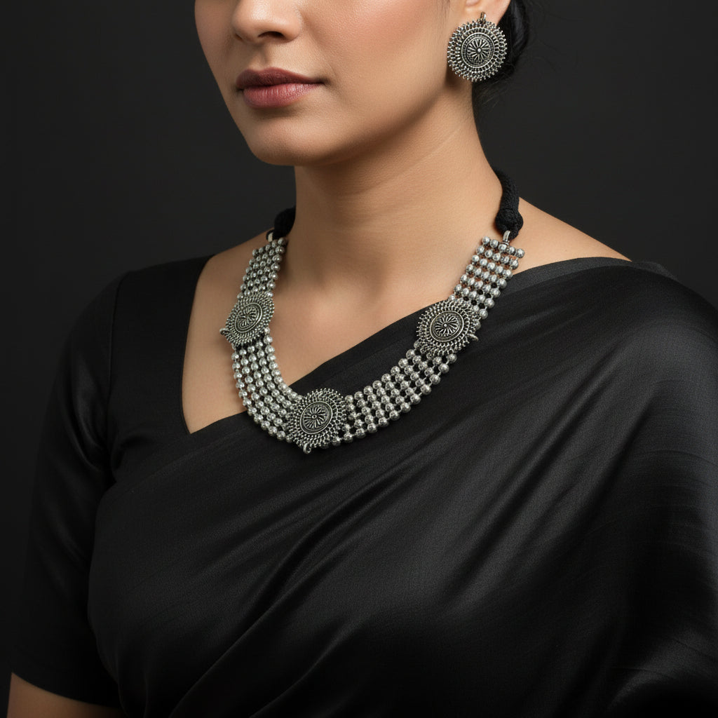 Silver necklace and earrings set on a dark background