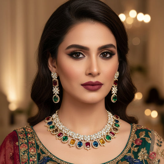 Jewelry set with necklace and earrings featuring multicolored gemstones on a dark background.