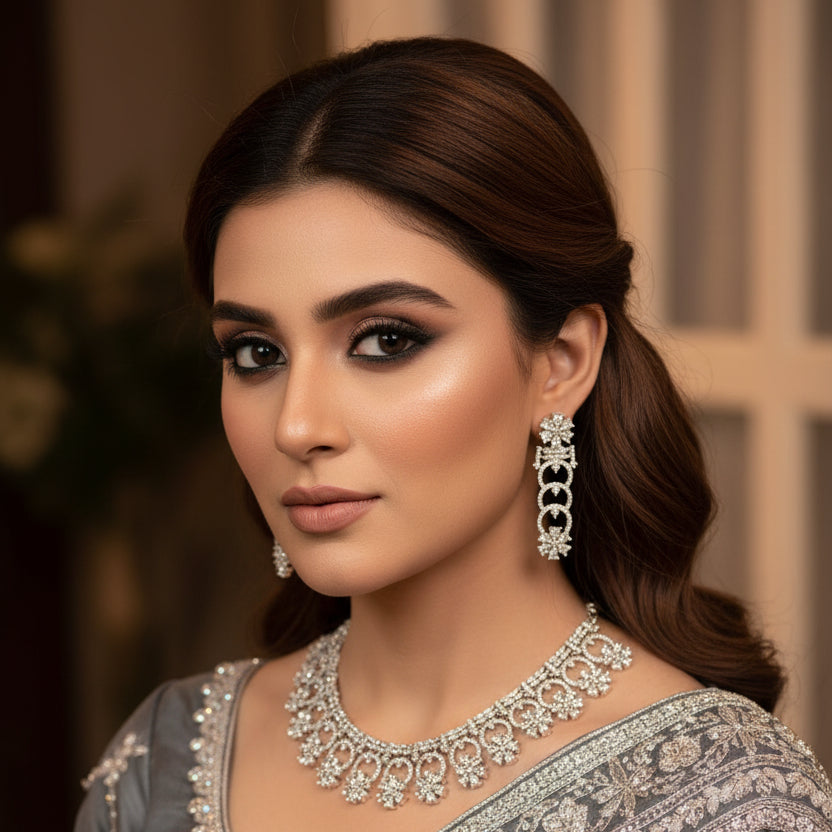 Silver necklace and earrings set on a black stand with 'Sahell' branding.