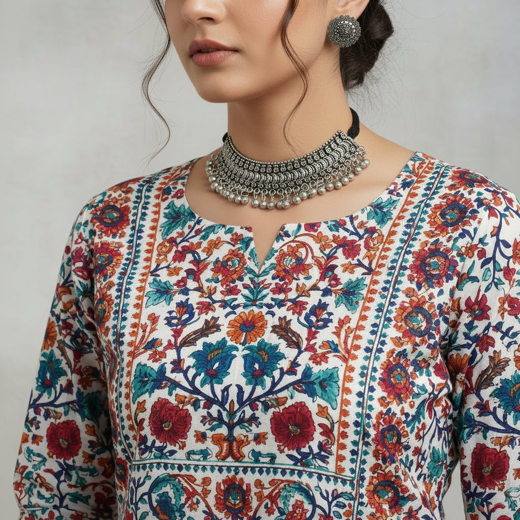 Silver necklace and earrings on a reflective black surface