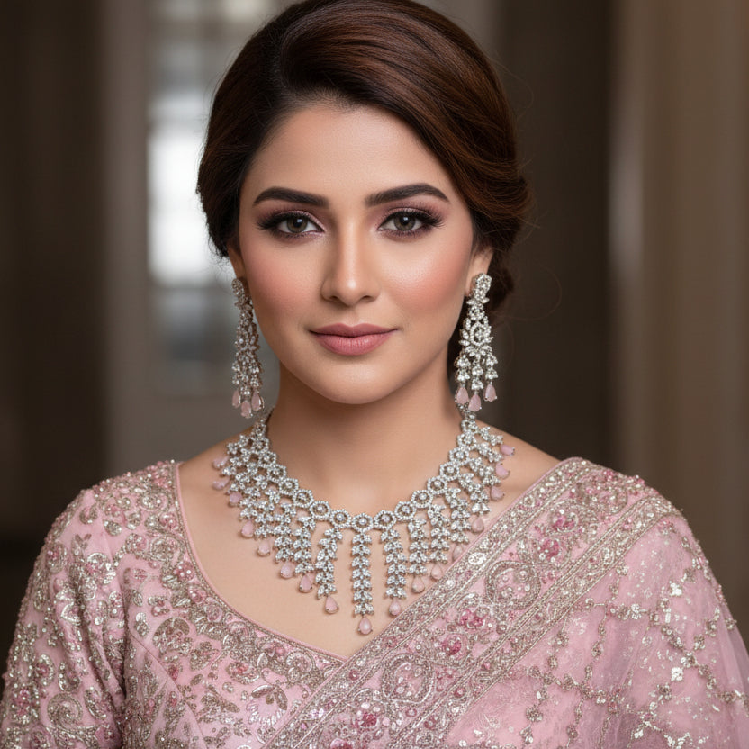 Silver necklace with pink stones and matching earrings on a dark background