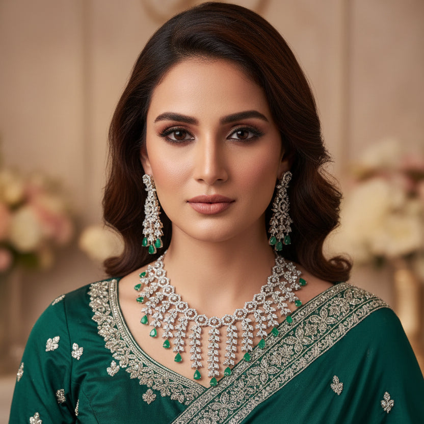 Ornate necklace with emerald stones on a dark background