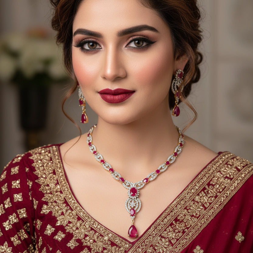 Jewelry set with necklace and earrings featuring red gemstones on a dark background, branded 'Saheli'.
