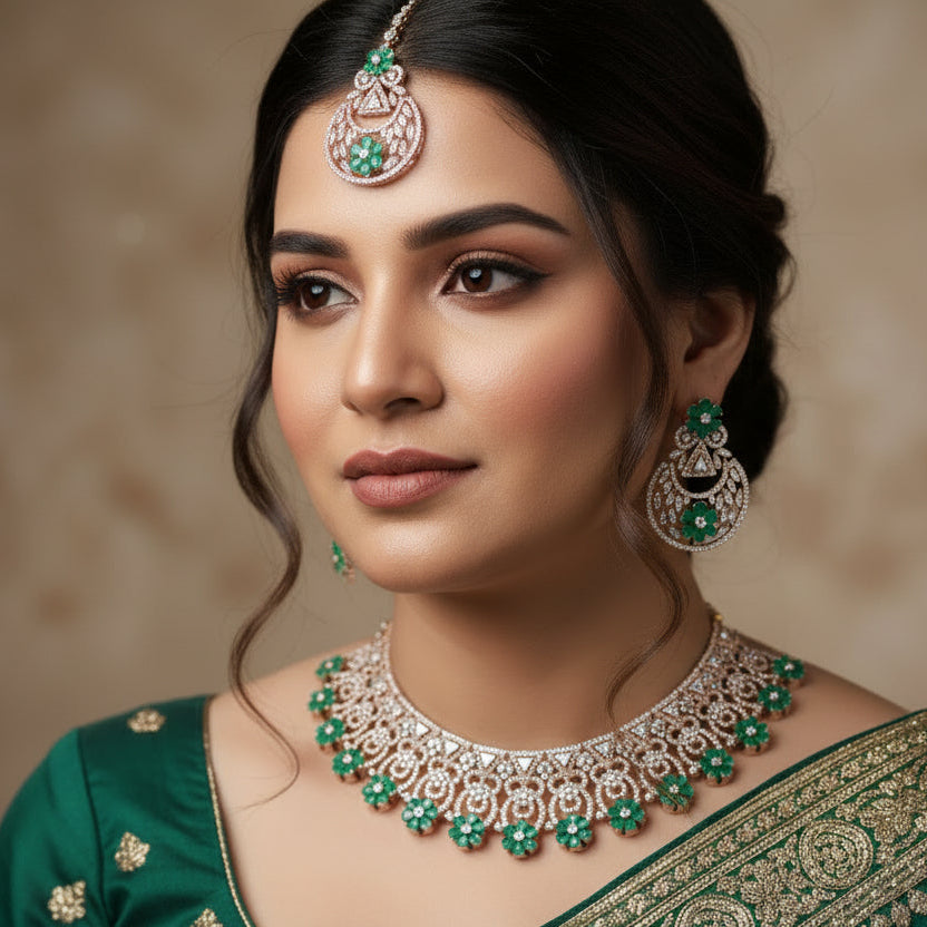 Ornate necklace set with emerald green stones on a dark background