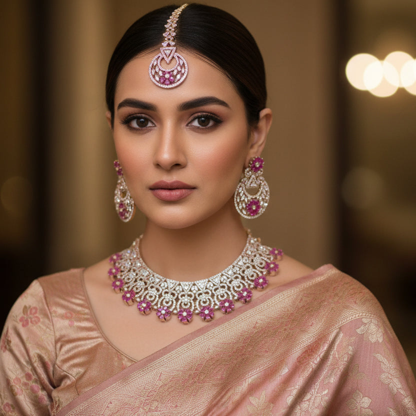 Ornate necklace and earrings set with pink gemstones on a dark background