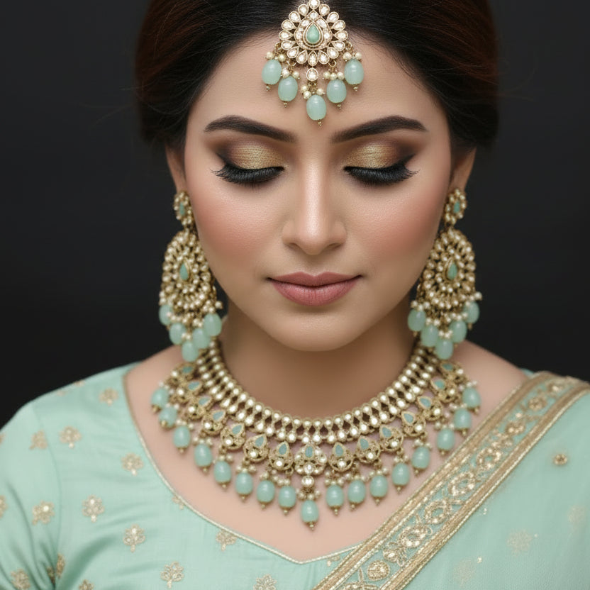 Ornate necklace and earrings with turquoise stones on a dark background