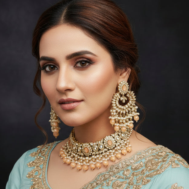 Jewelry set with earrings and necklace on a black background, featuring the brand 'Saheli'.