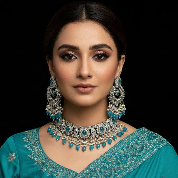 Jewelry set with earrings, necklace, and choker on a black background with 'Saheli' branding.
