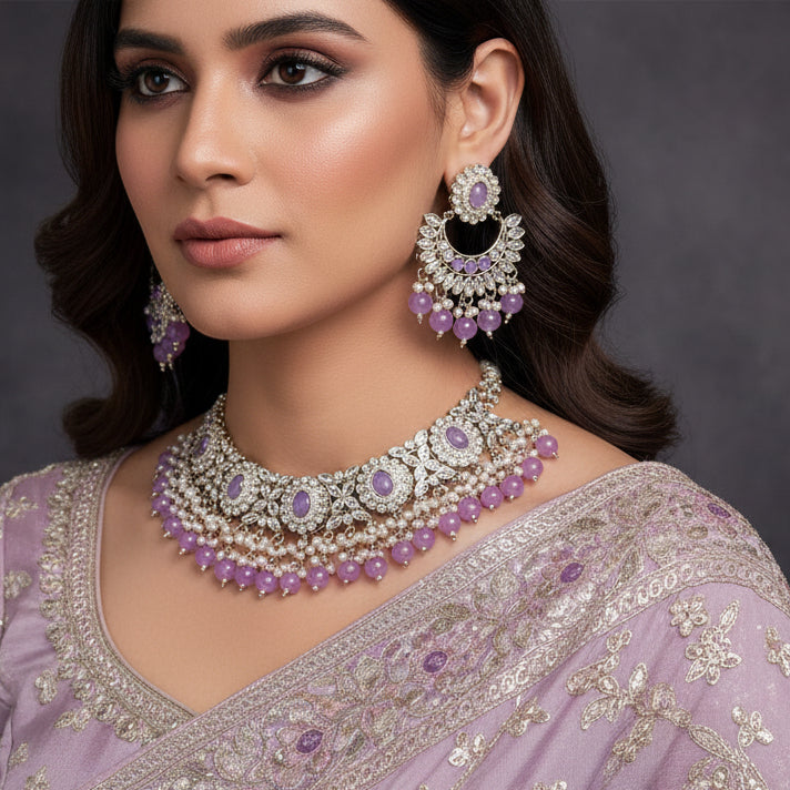 Jewelry set with purple stones on a black background, featuring the brand 'Saheli'.