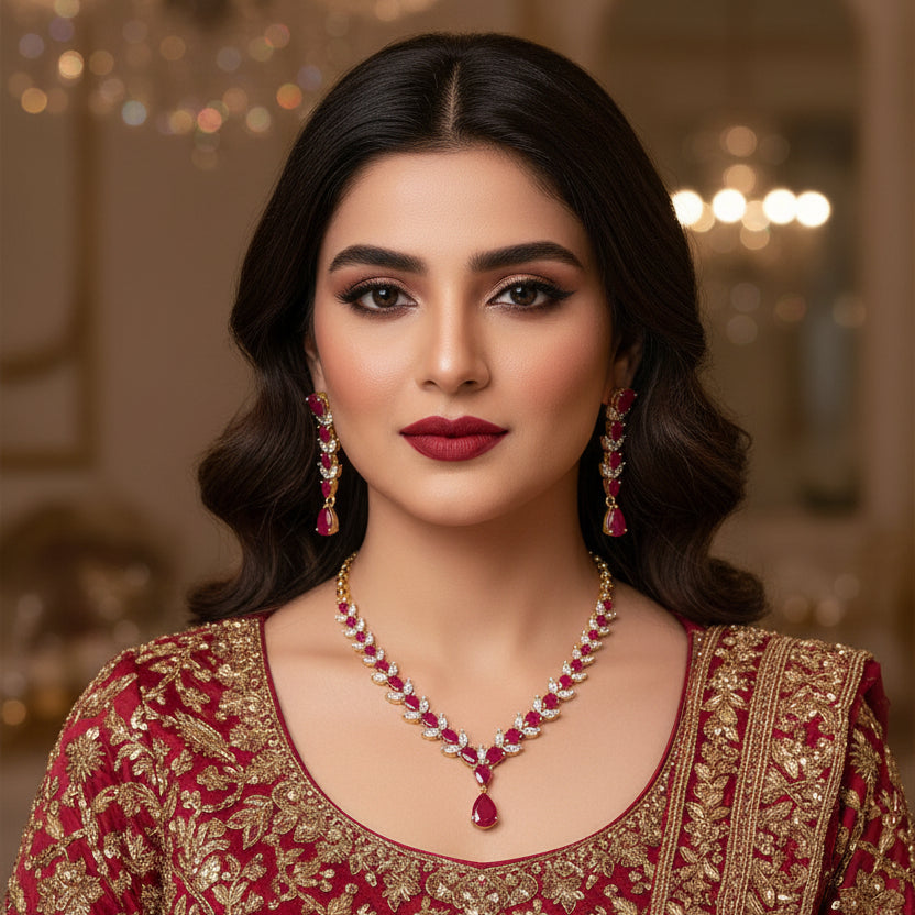 Jewelry set with necklace and earrings featuring red stones on a dark background, branded 'Saheli'.