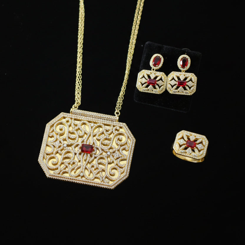 Jewelry set with necklace and earrings on a gray background