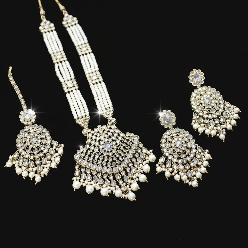 Jewelry set with necklace, earrings, and haram on a dark background