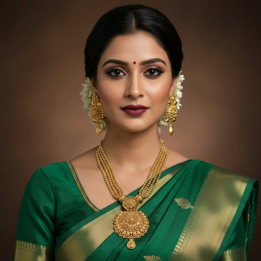 Gold necklace and earrings on a dark background