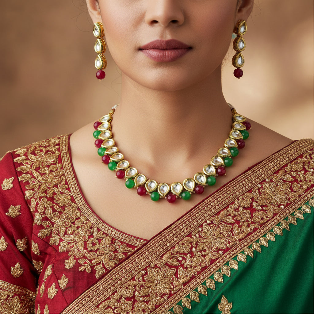 Jewelry set with necklace and earrings on a black background, featuring the brand 'Saheli'.