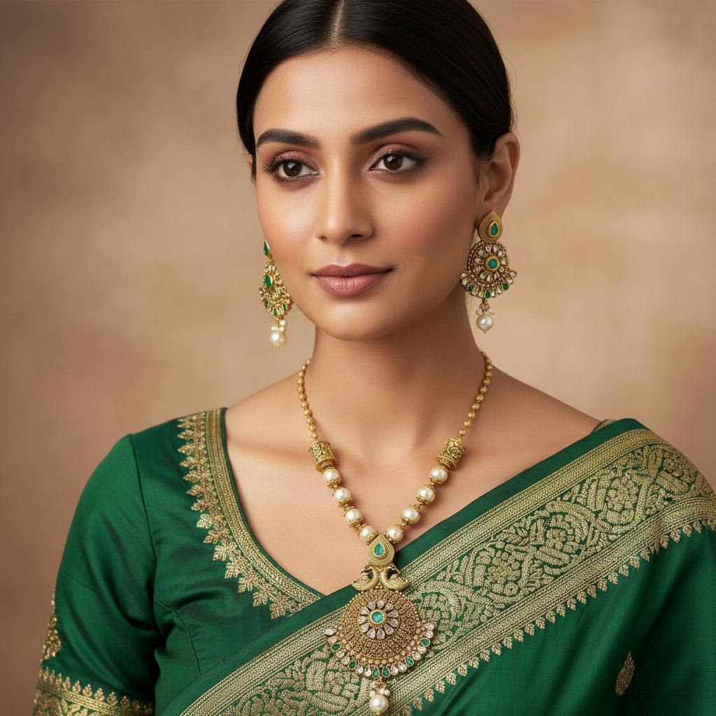 Gold necklace with green and white stones on a dark background, featuring the brand 'Saheli'.